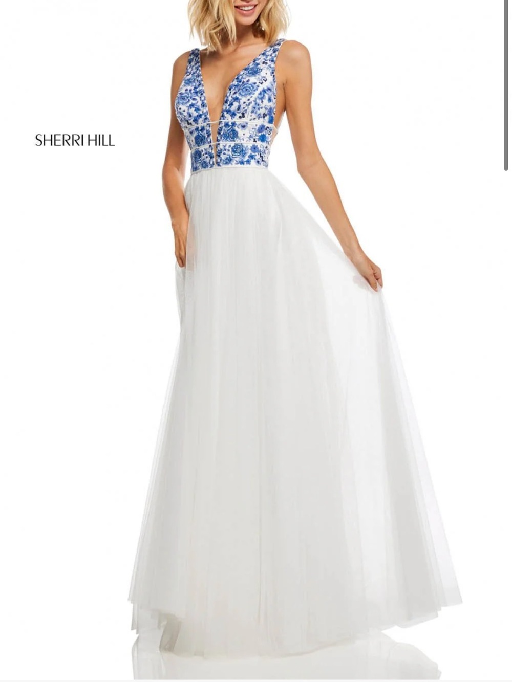 STUNNING Sherri Hill White Gown with Blue Floral Embroidery 52672
